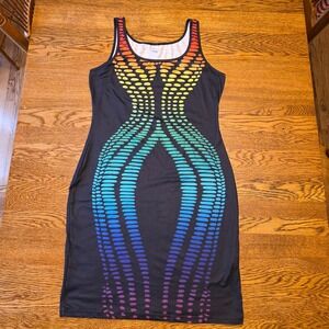 Abstract Rainbow Butterfly Dot Print Bodycon Midi Dress L Women Sleeveless Party